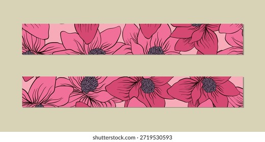 Ilustração vetorial de um conjunto de faixas decorativas. Fita adesiva de mascaramento, cetim ou corsage, fita adesiva de grssgrain, fitas adesivas para quadros, scrapbooking. Fitas estampadas de embalagem com ornamento foral.