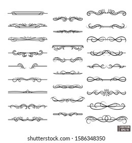 Vector illustration. Set of decorative swirls dividers. Ornamental decorative elements. Text delimiters.