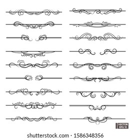 Vector illustration. Set of decorative swirls dividers. Ornamental decorative elements. Text delimiters.