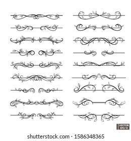 Vector illustration. Set of decorative swirls dividers. Ornamental decorative elements. Text delimiters.