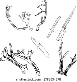 Ilustración vectorial de un conjunto de cuernos de ciervo, una pistola aislada en un fondo blanco. Caza de perros para imprimir en papel, logotipo, ropa, mantas para diseñadores, tiendas