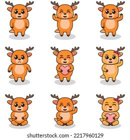 Vector illustration set of Deer cartoon. Bundle of cute Deer set. Set of animals. Cartoon and vector isolated characters. A collection of animals in the children's style.
