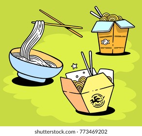 Vector illustration of set of delicious asian noodles in box and on plate with chopsticks. Creative chinese fast food on color background. Line art flat style design for web, banner, menu, poster