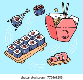 Vector illustration of set of delicious asian noodles in box with chopsticks and sushi . Creative japanese fast food on color background. Line art flat style design for web, site, banner, menu, poster