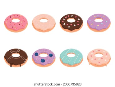 Ilustración vectorial de un conjunto de deliciosos donuts en el acristalamiento de color sobre un fondo blanco. El concepto de comida. Diseño de menú, decoración de cafés, caja de entrega.