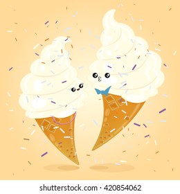 Vector illustration of a set of delicious ice cream in a waffle cone with sprinkles. Use jewelry design. In cartoon style.