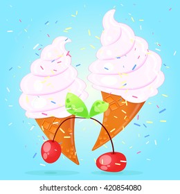 Vector illustration of a set of delicious ice cream in a waffle cone with sprinkles. Use jewelry design. In cartoon style.