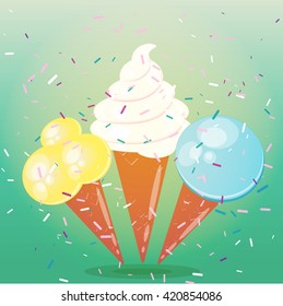 Vector illustration of a set of delicious ice cream in a waffle cone with sprinkles. Use jewelry design. In cartoon style.