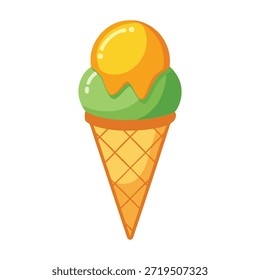 Conjunto de Ilustración vectorial de deliciosa cucharada de helado de mango en cono de waffle	