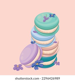 Vector illustration set of delicious sweet macaroons of different colors and flowers