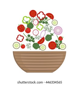 Vector illustration set of delicious vegetables in vegan salad on white background. Healthy organic food. Set of ingredients for cooking in flat style
