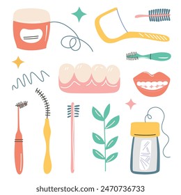 Vector illustration set of dental care products for cleaning interdental spaces. Dental floss, interdental brushes, toothpicks, and tooth icons. Doodle style, flat cartoon images for teeth hygiene