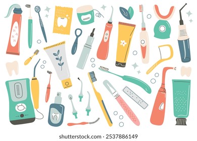 Conjunto de Ilustración vectorial de artículos de cuidado dental, colección de cepillos de dientes, pasta de dientes, hilo dental, hilo dental de agua. Estilo plano de la historieta, perfecto para la higiene, la salud, y los temas del cuidado oral