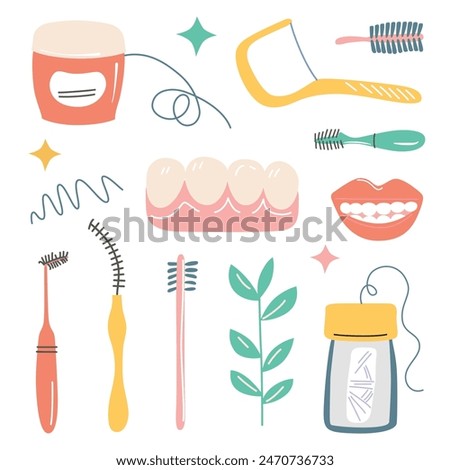 Vector illustration set of dental care products for cleaning interdental spaces. Dental floss, interdental brushes, toothpicks, and tooth icons. Doodle style, flat cartoon images for teeth hygiene