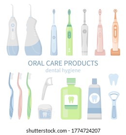 Vector illustration set of dental cleaning tools and oral care hygiene products on white background. Electric toothbrush, toothpaste, floss, irrigator, waterpick, mouthwash, tongue scraper, tooth.