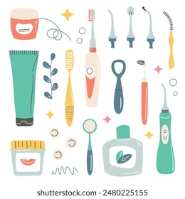 Ilustración vectorial de herramientas de higiene dental. Colección con cepillo de dientes, pasta de dientes, hilo dental, enjuague bucal. Estilo lindo, diseño plano. Salud bucal, cuidado de dientes y limpieza. Accesorios dentales esenciales