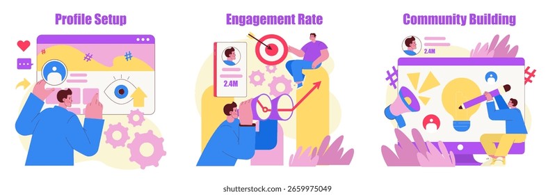 Conjunto de Ilustraciones vectoriales que representan acciones en la estrategia de redes sociales: configuración de perfiles, mejora de la tasa de participación y construcción de la comunidad. Incluye Imágenes de usuarios que interactúan con Elementos digitales.