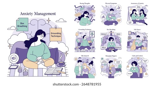 Conjunto de ilustrações vetoriais que descreve técnicas de gestão da ansiedade. Inclui aterramento, respiração de caixa e práticas de espaço seguro. Ajuda a visualizar métodos para controlar a ansiedade de forma eficaz.