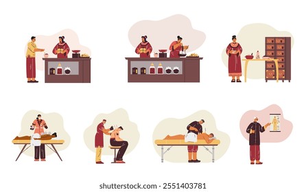 Ilustración vectorial de un conjunto que representa personajes sometidos a acupuntura, tratamiento herbario y terapia de vacío. Este diseño plano representa aspectos de la medicina alternativa oriental.