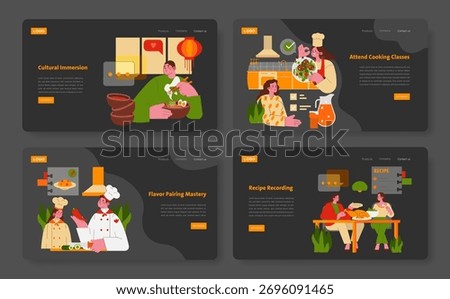 Vector illustration set depicting cultural immersion through culinary experiences. Includes scenes of cooking classes, food preparation, and flavor pairing mastery, highlighting diverse cooking styles