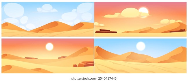 Ilustración vectorial de un conjunto que representa un paisaje desértico con dunas, rocas y un sol brillante. Vista panorámica del desierto con un cielo naranja y azul al atardecer, perfecto para el diseño de juegos temáticos.