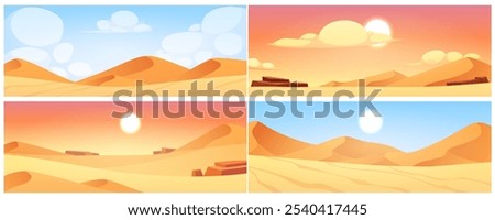 Vector illustration of a set depicting a desert landscape with dunes, rocks and a bright sun. Panoramic view of the desert with a sunset orange and blue sky, perfect for themed game design.