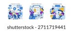 Vector illustration set depicting digital learning. Includes scenes of corporate e-learning, certificate achievement, and community learning, highlighting interactive and collaborative processes.