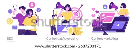 Vector illustration set depicting digital marketing concepts: SEO, contextual advertising, and content marketing. People engage in online strategies like search optimization and media campaigns.
