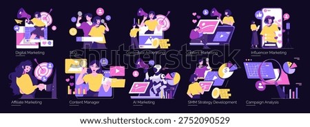 Vector illustration set depicting digital marketing and advertising concepts such as content creation, SEO, influencer marketing, and AI strategies. People actively engage in marketing activities with