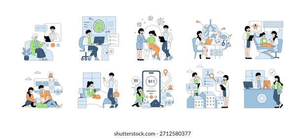 Conjunto de ilustrações vetoriais que descrevem diversos cenários de assistência médica, incluindo telemedicina, consultas médicas, odontologia, resposta emergencial e procedimentos hospitalares, com profissionais e pacientes