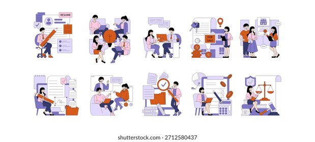 Conjunto de Ilustraciones vectoriales que representan diversas actividades de oficina, como redacción de currículum, trabajo en equipo, reuniones virtuales, discusiones sobre bienes raíces y planificación financiera. Los personajes participan en varias tareas