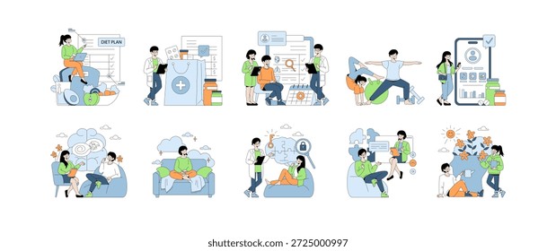 Vector illustration set depicting diverse health and wellness activities including diet planning, medical consultations, exercise, and mindfulness practices. Animated figures engage in healthy