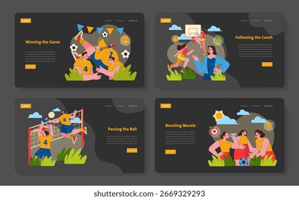 Vector illustration set depicting dynamic sports training scenes. Includes soccer players celebrating, basketball coaching, volleyball action, and team strategy discussion, capturing teamwork and