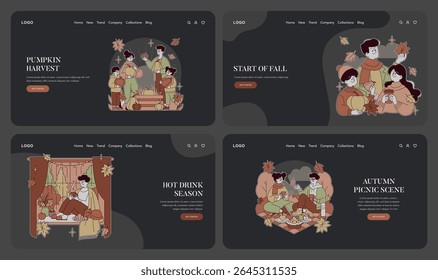 Vector illustration set depicting families enjoying autumn activities. Includes pumpkin harvest, cozy indoor tea time, and a warm outdoor picnic, highlighting the joy of fall gatherings.