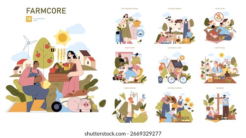 Conjunto de Ilustraciones vectoriales que representa el estilo de vida del núcleo agrícola con actividades como la agricultura orgánica, la vida sostenible, la moda ecológica y el trabajo a distancia. Enfatiza la comunidad, la naturaleza y la sostenibilidad.
