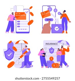 Vector illustration set depicting financial services and insurance scenes. Includes credit card transactions, secure payments, contract signing, and insurance coverage, highlighting positive