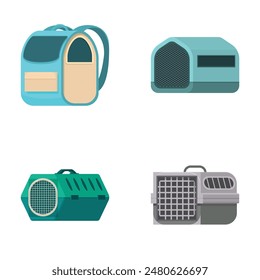 Vector illustration set depicting four different styles of pet carriers and travel crates