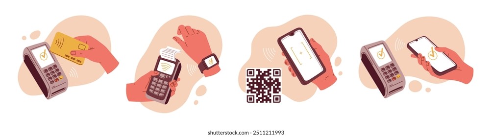 Vector illustration of a set depicting hands with a phone, watch and credit card making a contactless payment. Transactions and mobile payment technologies are shown. Flat style.