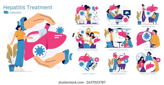 Vector illustration set depicting hepatitis treatment and awareness through various scenes like testing, diagnosis, consultation, and rehabilitation. Emphasizes health education and global solidarity.
