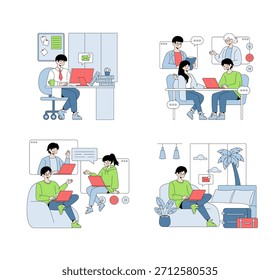 Conjunto de Ilustraciones vectoriales que representan a personas que participan en trabajos remotos y reuniones en línea. Video Incluye configuraciones de la oficina en el hogar, llamadas y trabajo en equipo. Ideal para conceptos de comunicación, tecnología y