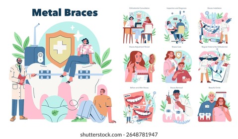 Conjunto de ilustrações vetoriais que retrata a jornada do uso de suportes metálicos, incluindo consulta, ajuste, cuidado e remoção. Destaca os passos para um belo sorriso.