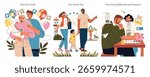 Vector illustration set depicting key family milestones. Includes scenes of a couple with their newborn, a family enjoying a theme park trip, and a couple dealing with financial difficulties. Emotions