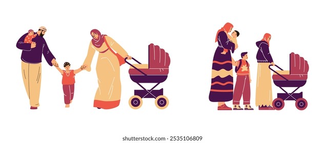 Vector illustration of a set depicting Muslim women in hijab with her husband, children and baby strollers on isolated background. Family characters enjoying time together. Flat cartoon style.