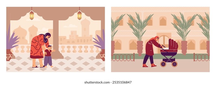 Vector illustration of a set depicting Muslim women in hijab with children and a baby carriage against the backdrop of a cityscape and a cozy home terrace. Flat style.