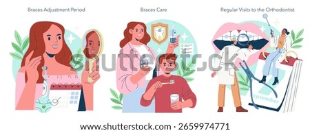 Vector illustration set depicting orthodontic care routines. Images include a person checking braces adjustment in a mirror, a child practicing daily braces care, and a visit to the orthodontist.
