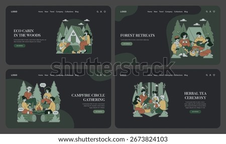 Vector illustration set depicting outdoor campfire and herbal tea gatherings. Features people enjoying nature, relaxing, and socializing near an eco cabin and around a fire in the forest.
