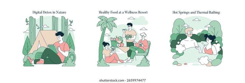 Conjunto de Ilustración vectorial que representa temas de relajación. Las escenas muestran la desintoxicación digital en la naturaleza con una persona escribiendo, comida saludable en un resort de bienestar con personas disfrutando de frutas y aguas termales con