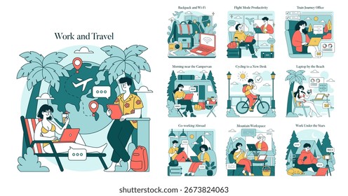 Vector illustration set depicting remote work during travel. Includes individuals working on laptops in various locations like the beach, train, and mountains, highlighting digital nomad lifestyle.