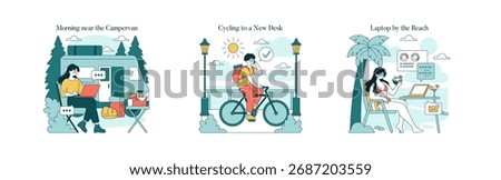 Vector illustration set depicting remote work scenarios. Includes a person working near a campervan, another cycling to work, and someone using a laptop at the beach.
