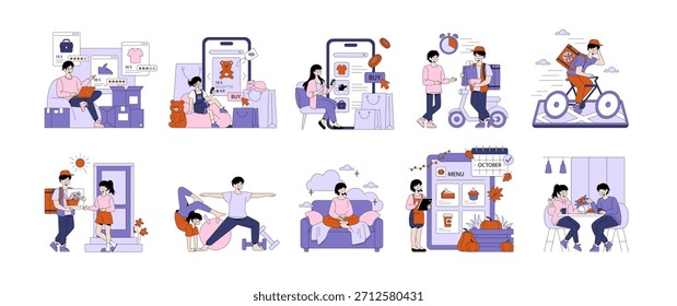 Conjunto de ilustrações vetoriais representando cenas de compras on-line, entrega, fitness em casa e refeições sociais. Enfatiza as atividades de estilo de vida moderno com personagens vibrantes e envolventes.